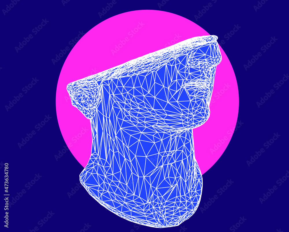 Poster 3d model of a fragmentary colossal head of a youth sculpture in cyberpunk retrowave style. bust made