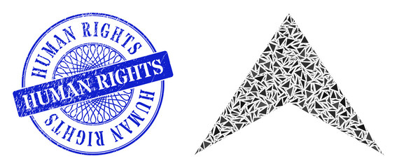 Arrowhead up mosaic of triangle parts, and Human Rights grunge stamp seal. Blue stamp seal contains Human Rights caption inside circle shape.