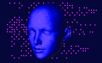 3D low poly wireframe model of a human head made of triangular particles on glitched background. Concept illustration of Artificial intelligence and Neural Network.