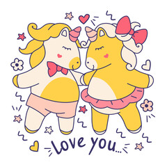 Cute unicorns in love. Couple of funny vector characters stickers, prints, isolated badges. Sweet girly concept.