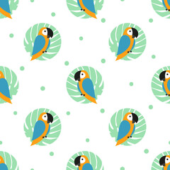 Seamless polka dot pattern with cartoon parrots. Vector tropical print.	