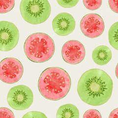 Fototapeta premium Seamless tropical fruit pattern with watercolor kiwi and guava slices. Food vector background