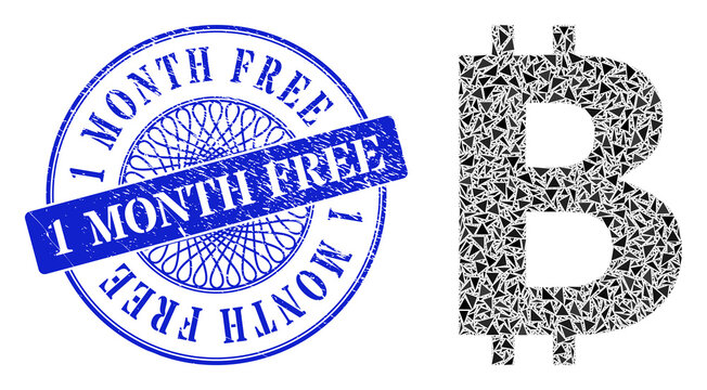 Bitcoin symbol mosaic of triangle parts, and 1 Month Free rubber seal. Blue seal has 1 Month Free caption inside circle shape. Vector bitcoin symbol mosaic is composed of scattered triangle items.