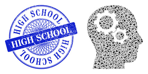 Brain gears collage of triangle particles, and High School unclean stamp. Blue stamp contains High School text inside circle shape. Vector brain gears collage is formed of different triangle parts.