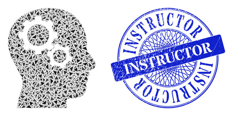 Brain gears mosaic of triangle, and Instructor grunge stamp seal. Blue stamp seal has Instructor caption inside round form. Vector brain gears mosaic is organized with different triangle items.