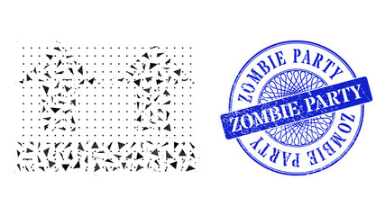 Bring up mosaic of triangle parts, and Zombie Party dirty stamp. Blue stamp seal contains Zombie Party title inside circle form. Vector bring up mosaic is done of randomized triangle parts.