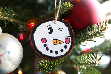 Cute Winking Snowman Ornament on Wood Handmade by CHild