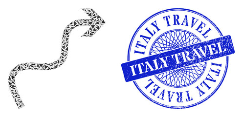 Curve arrow mosaic of triangle, and Italy Travel rubber seal print. Blue seal has Italy Travel title inside round form. Vector curve arrow mosaic is created of randomized triangle items.