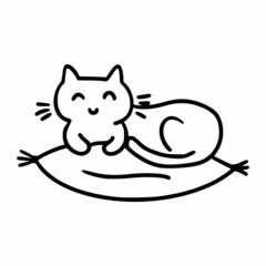 Cute kitten is lying on pillow. Drawing cat in doodle style. Vector icon for postcard decor.