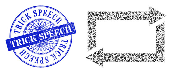 Fototapeta premium Exchange arrows mosaic of triangle, and Trick Speech rubber seal print. Blue stamp seal includes Trick Speech tag inside circle form. Vector exchange arrows mosaic is done of random triangle parts.