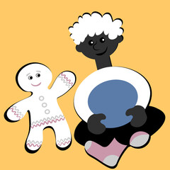 the boy sits cross-legged and smiles at the gingerbread man. Design element