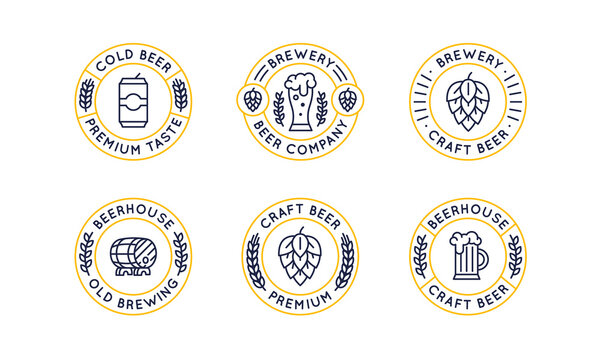 Set of 6 beer labels and logos. Vintage circle craft beer icons with pint glass, beer can, hop and barrel isolated on white background. Vector illustration 