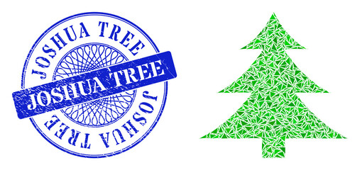 Fir-tree collage of triangle, and Joshua Tree unclean stamp seal. Blue stamp seal has Joshua Tree title inside round shape. Vector fir-tree collage is done with random triangle parts.