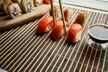 sushi set soy sauce chopsticks japanese cuisine traditional food