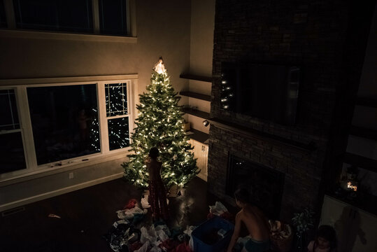 Christmas Tree Lit Up At Night. 