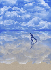 A man runs in the ocean surf and the blue sky and clouds are reflected in the water in this 3-d illustration.