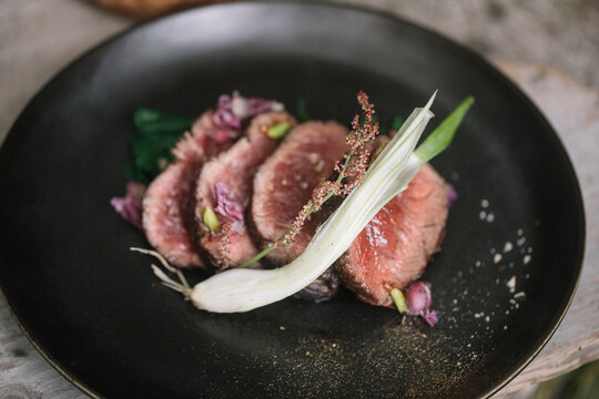 Elegant Grilled Fillet With Foraged Plants Outdoors  