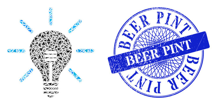 Light bulb collage of triangle particles, and Beer Pint unclean stamp. Blue stamp contains Beer Pint caption inside circle shape. Vector light bulb collage is created of different triangle dots.