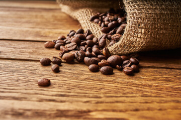 coffee beans Hot drink spilled grains wood background