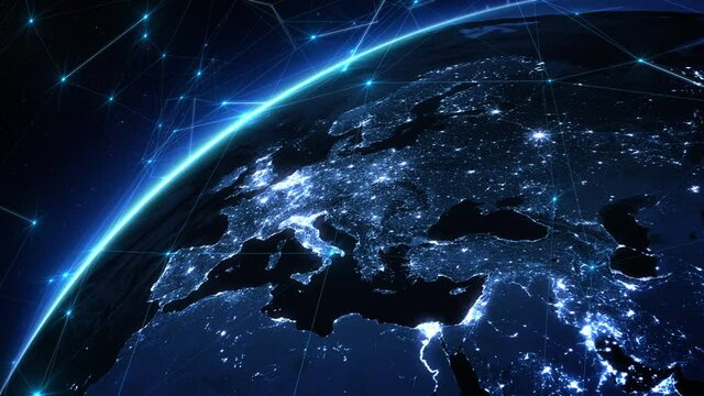  Global Network Connections and Communication Technology Global World Network. Digital Data Network Worldwide Connections From Europe to Asia.
