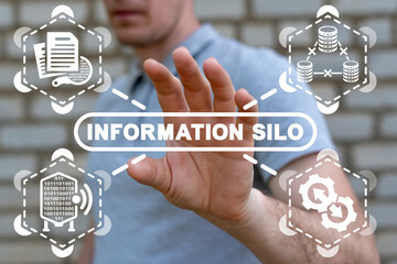 Information silo concept. The problem and inefficiency of disparate big data storage, communicaton...