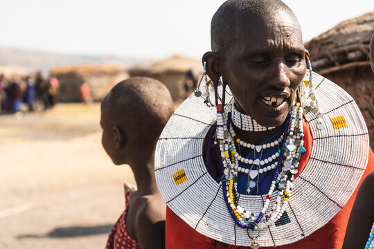 Portrait of a Maasai woman with big necklace.