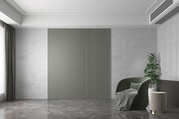 Home interior, green living room interior, green empty wall mock up, 3d render 