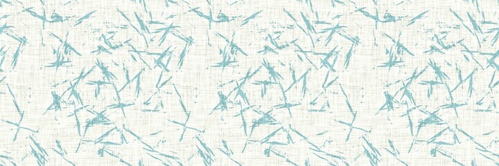 Aegean teal streaked border strip linen texture background. Coastal summer style home decor fabric effect. Sea green wash grunge edge material. Decorative textile mottle seamless pattern banner. 