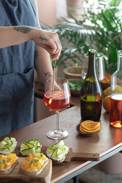 Bar Woman Preparing Aperitif Spritz With Finger Food