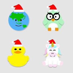 set of christmas elements in animal cartoons and globe