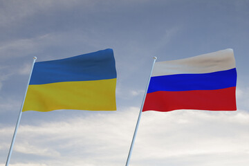 Flags of UKRANIE  and RUSSIA waving with cloudy blue sky background,3D rendering