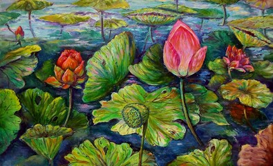 Art painting oil color lotus flower background from thailand , Countryside , waterlily