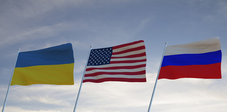 Flags of UKRANIE  RUSSIA and United States of America USA waving with cloudy blue sky background,3D rendering