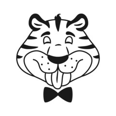 Teasing comic cartoon tiger head. Black and white outline for coloring page for children. Wild cat shows tongue portrait isolated on white background. Happy smiling animal. Line vector illustration.