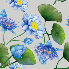 elegant blue lotus flower seamless pattern