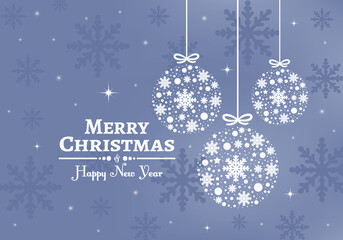 Fototapeta na wymiar Beautiful winter holiday card. Blue christmas background, white xmas balls.