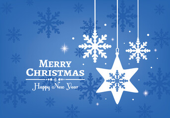 Decoration christmas background with light and snowflakes hanging. Merry Christmas card design.