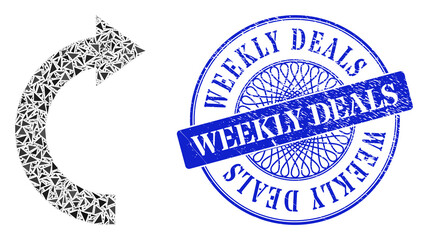 Rotate right mosaic of triangle parts, and Weekly Deals grunge seal imitation. Blue seal has Weekly Deals title inside circle shape.