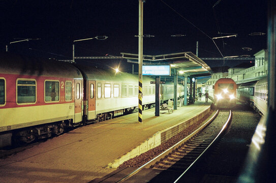 Night train arriving in the station
