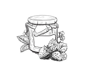 Hand drawn sketch black and white of strawberry jam, berry, jar, leaf. Vector illustration. Elements in graphic style label, card, sticker, menu, package. Engraved style illustration.