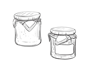 Hand drawn sketch black and white set jar, jam. Vector illustration. Elements in graphic style label, card, sticker, menu, package. Engraved style illustration.