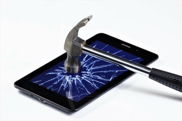 Cracks on the smartphone screen from destruction by a hammer. Malfunction, subject to repair.