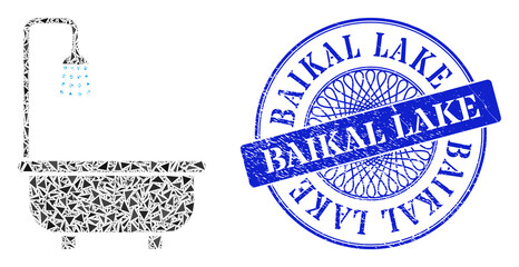 Shower bath collage of triangle parts, and Baikal Lake corroded stamp. Blue stamp contains Baikal Lake tag inside circle shape. Vector shower bath collage is created of different triangle items.