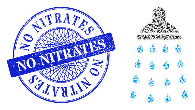 Shower mosaic of triangle, and No Nitrates unclean stamp seal. Blue stamp seal includes No Nitrates tag inside circle form. Vector shower mosaic is designed with random triangle items.