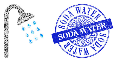 Shower collage of triangle particles, and Soda Water unclean stamp seal. Blue stamp has Soda Water tag inside round shape. Vector shower collage is made of scattered triangle elements.