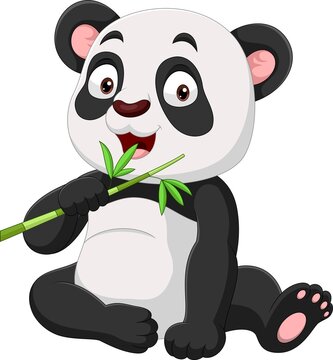 Cartoon funny panda eating bamboo leaves