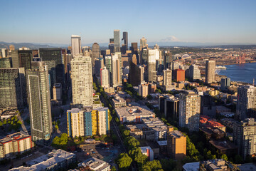 Fototapeta na wymiar Seattle, Washington, USA - June 4 2021: Seattle downtown skyline during summer sunset. View from Seattle needle.