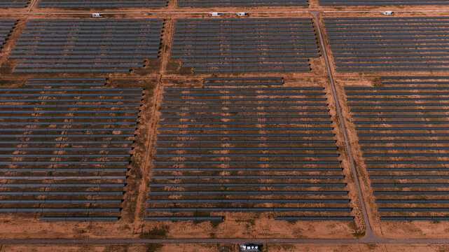Aerial view of solar energy PV farm in russia