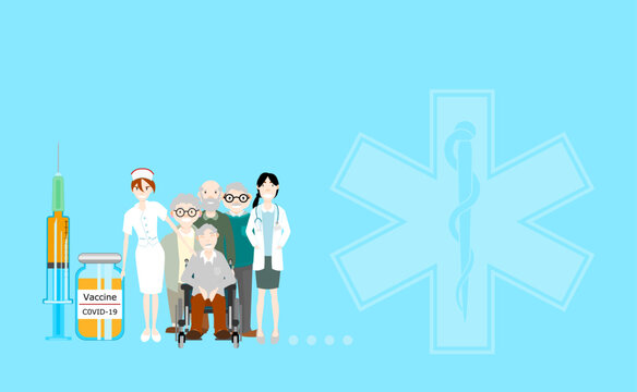 Covid-19 vaccine for the elderly. Vector illustration. Covid-19 vaccination campaign. Health and medicine.