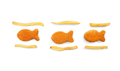 Tasty fish nuggets with french fries on white background